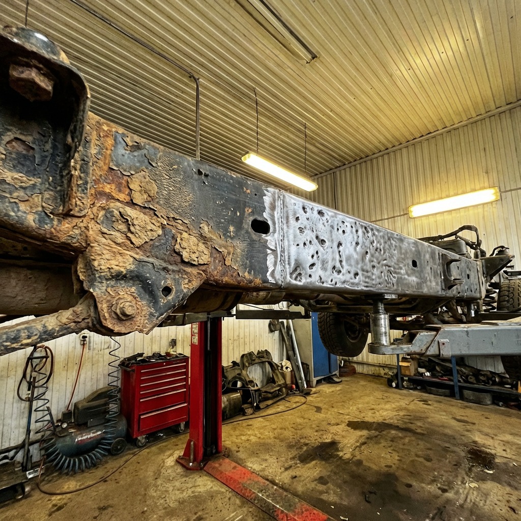 Лазерная чистка рамы внедорожника — до и после: ржавчина удалена, чистый металл