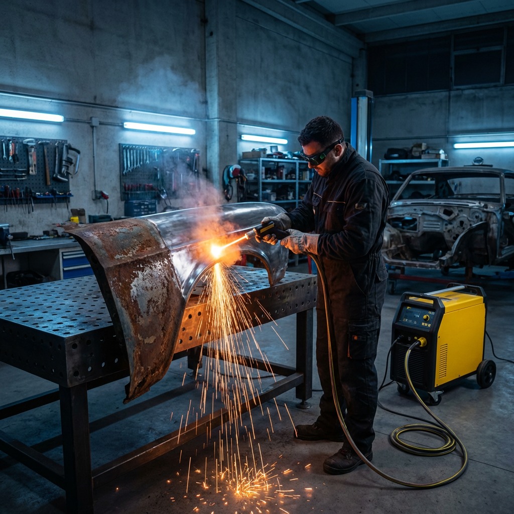 Лазерная чистка ржавчины — лазерный луч удаляет коррозию с металлической рамы автомобиля