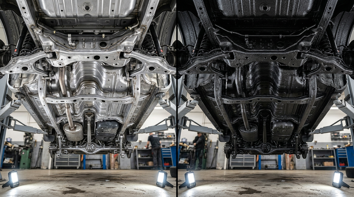 Днище автомобиля до и после нанесения антикоррозийного покрытия