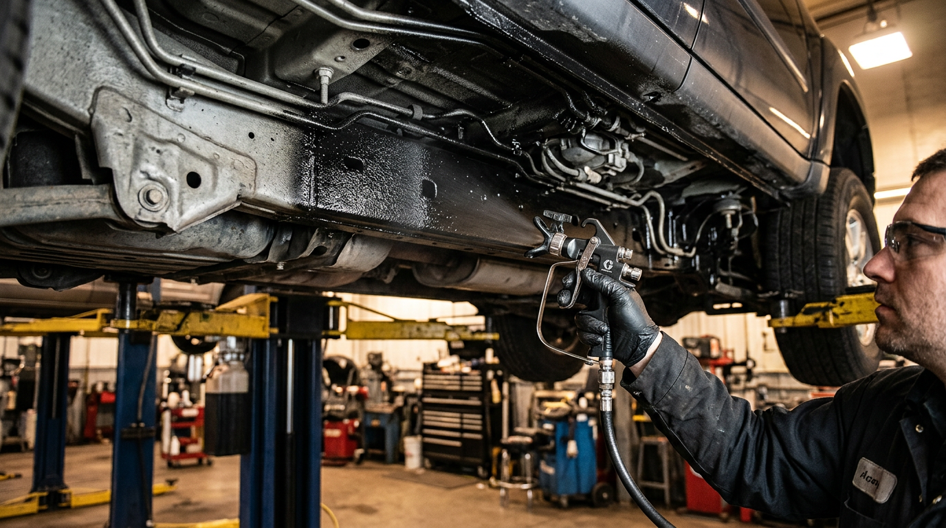 Мастер наносит антикоррозийное покрытие на днище автомобиля