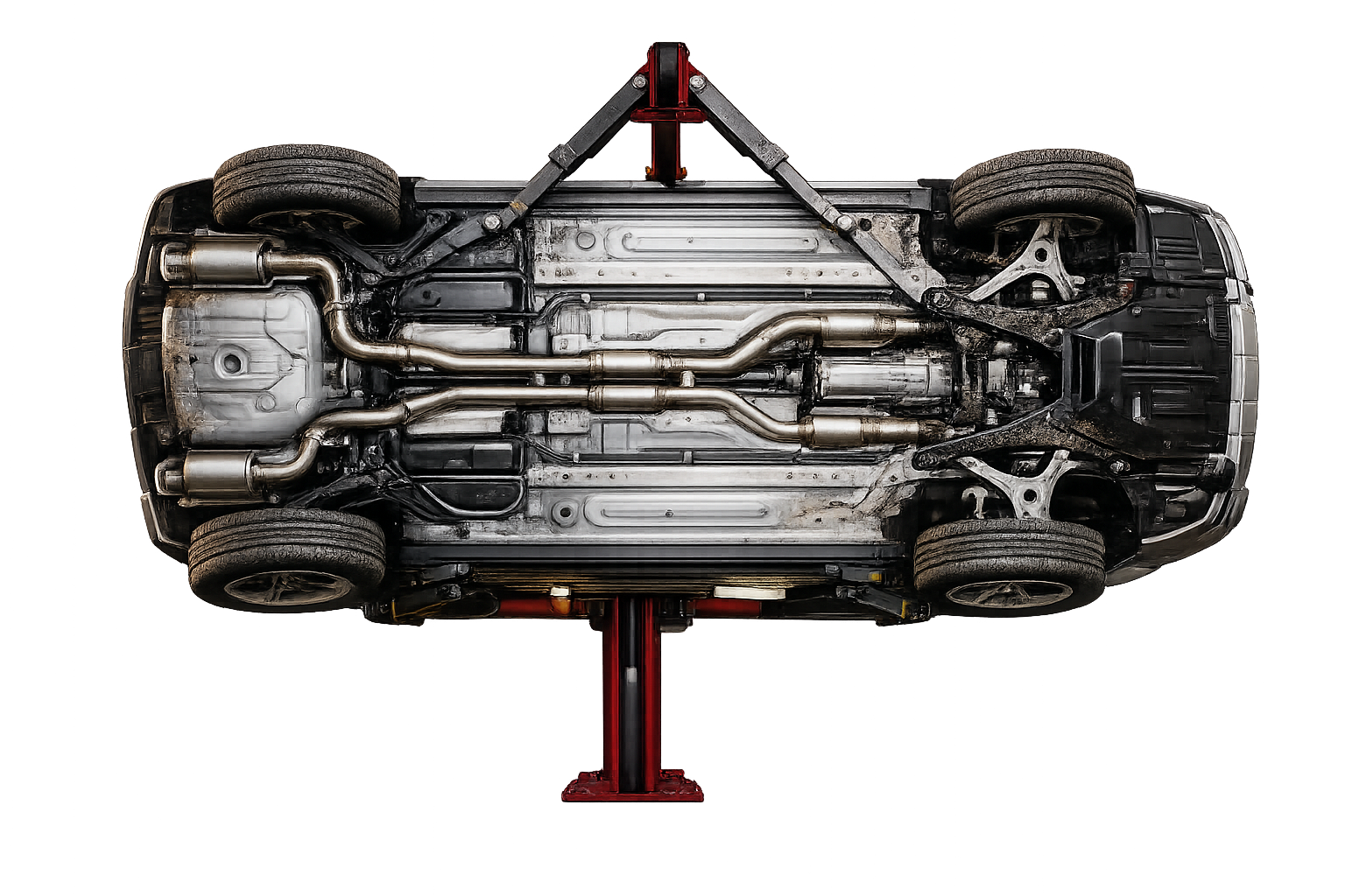 Днище нового автомобиля на подъёмнике — зоны для антикоррозийной обработки