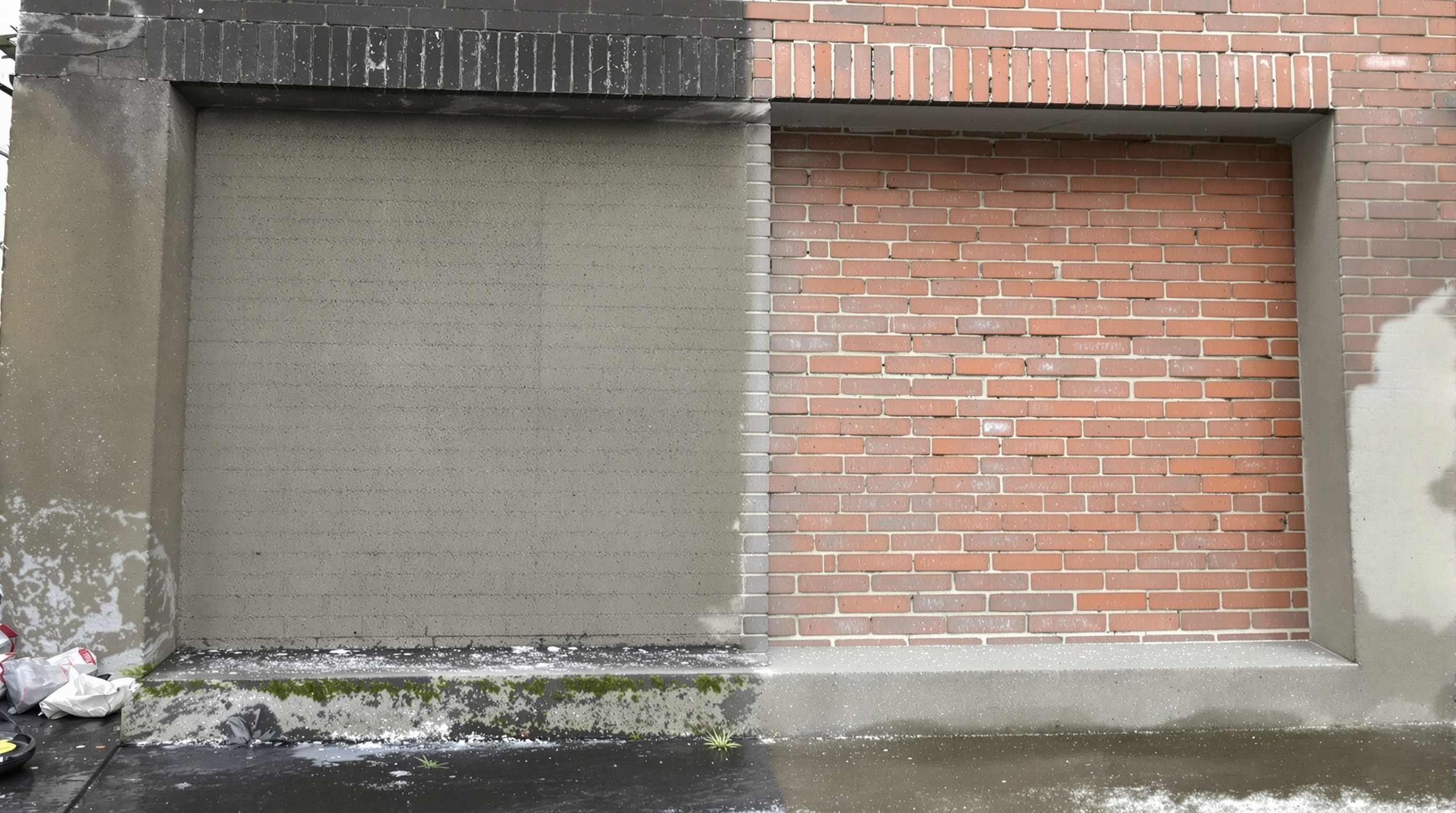 Пескоструйная обработка бетонной стены — до и после: граффити и грязь удалены