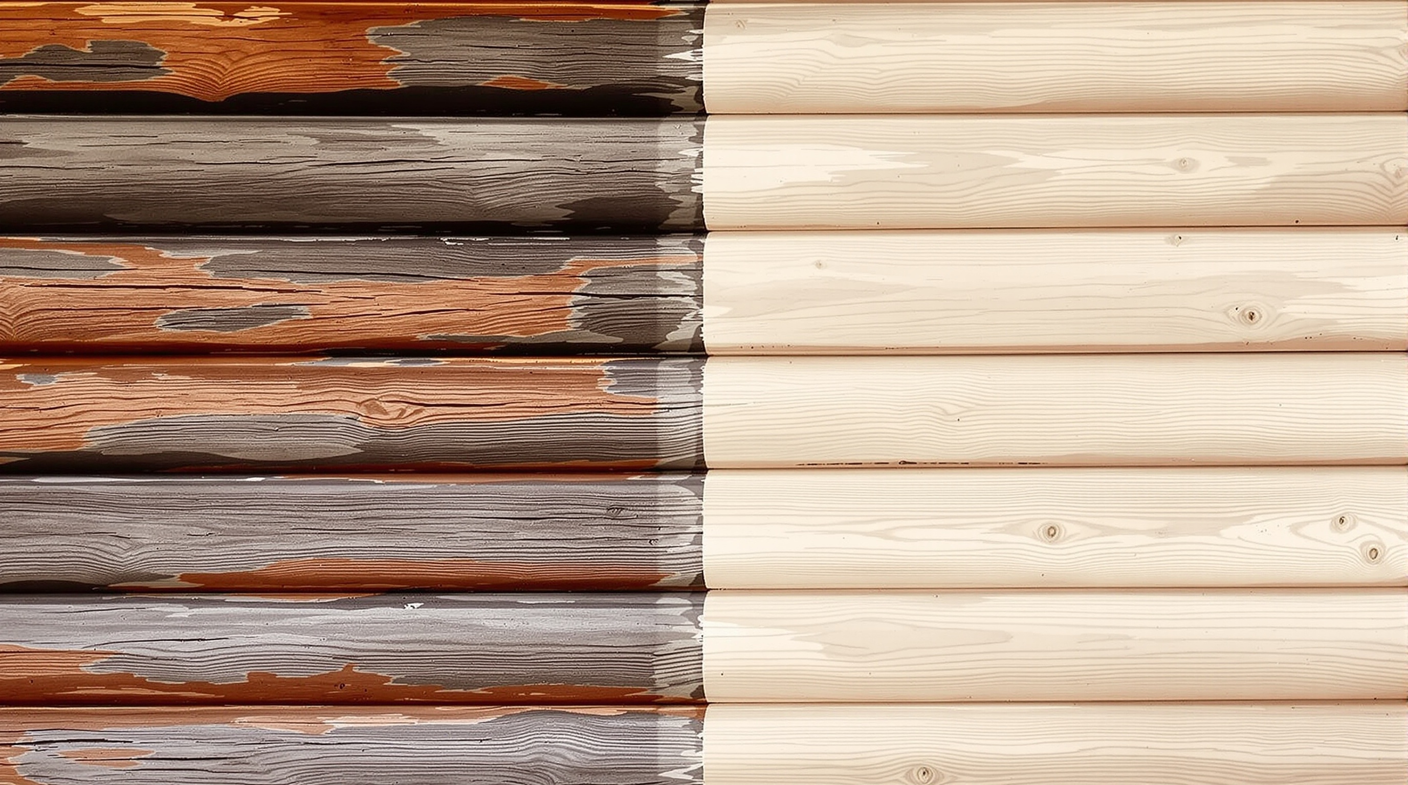 Пескоструйная обработка деревянного фасада — до и после: старая краска снята, чистое дерево