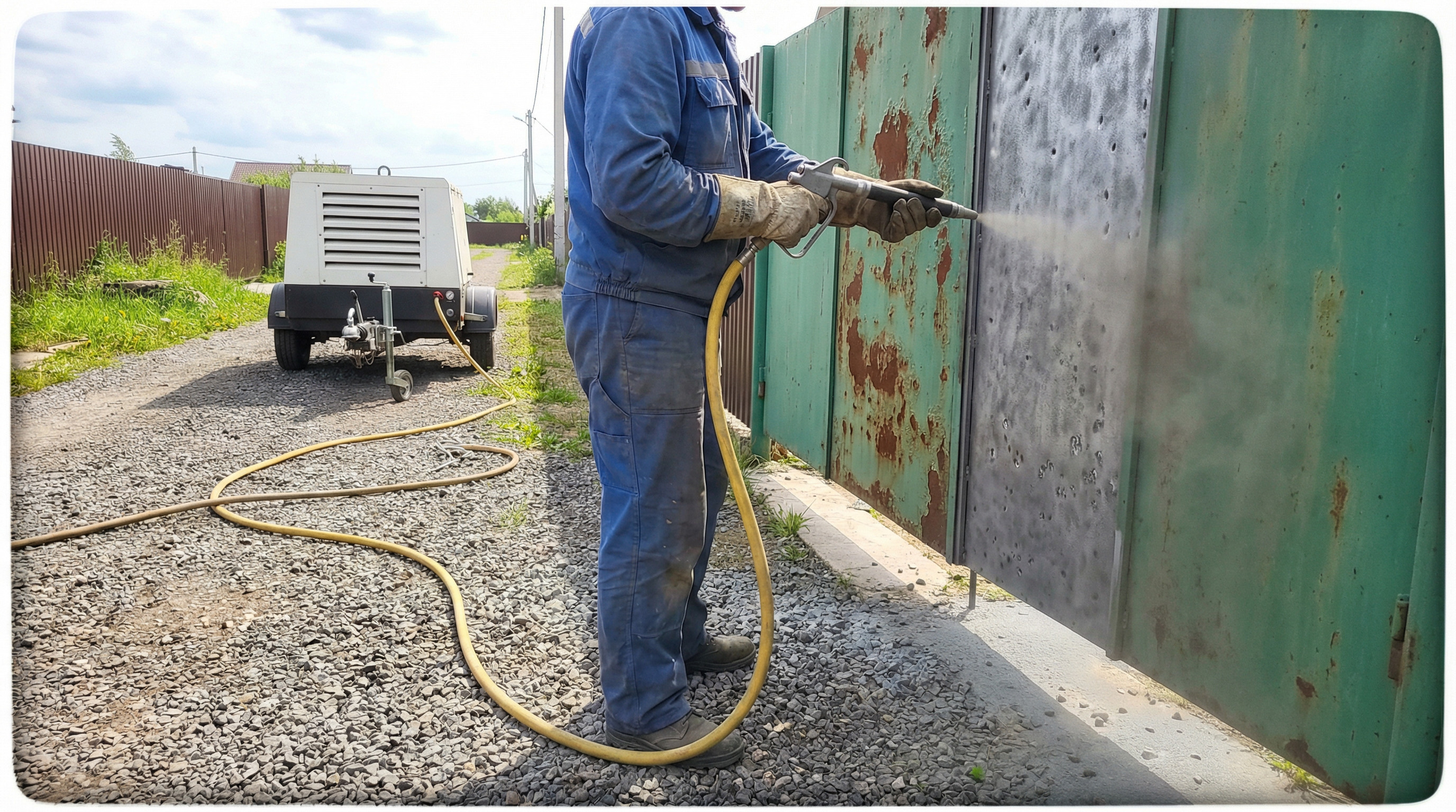 Выездной пескоструй — мобильная установка обрабатывает забор на участке