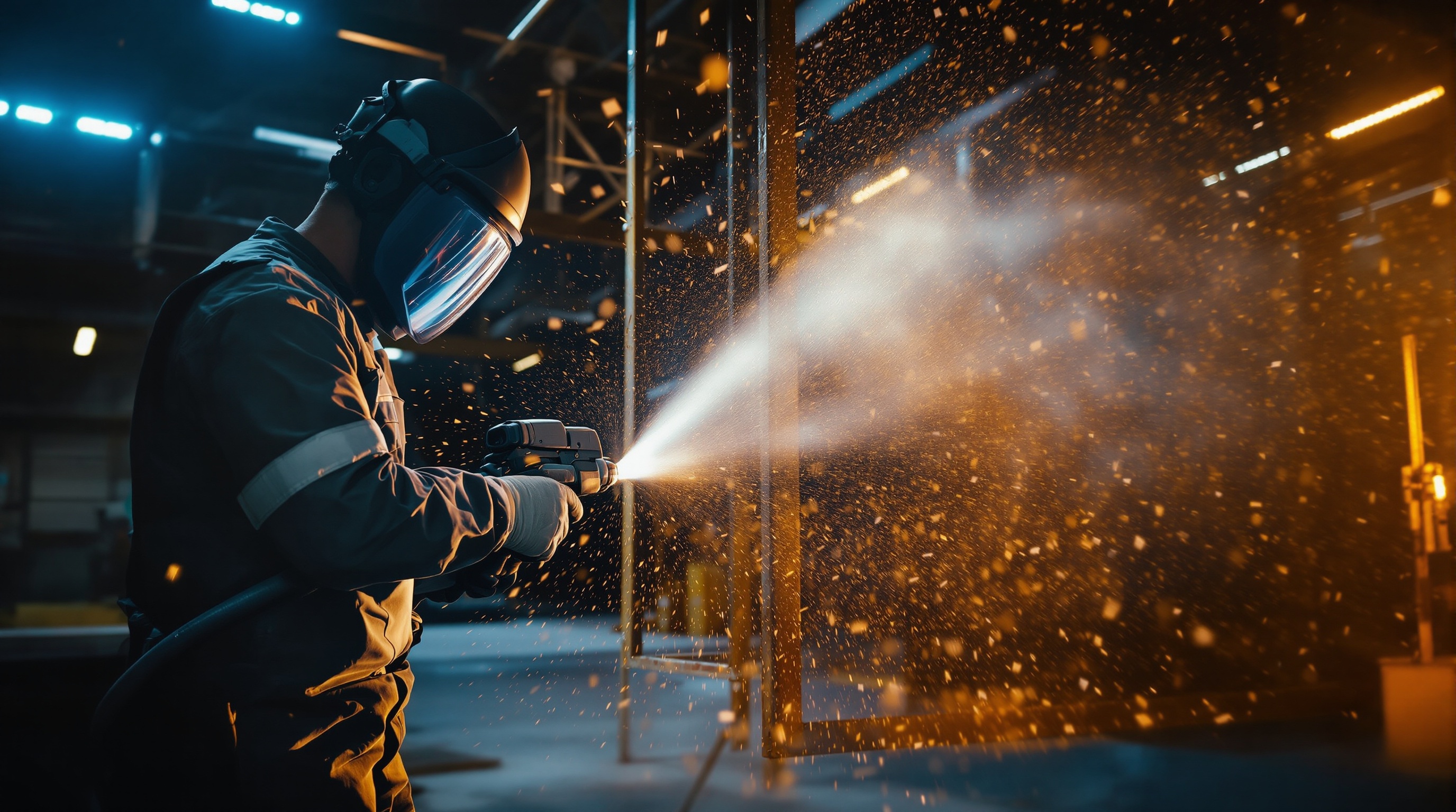 Пескоструйная обработка металлоконструкций — мастер в защитной экипировке очищает ворота абразивом